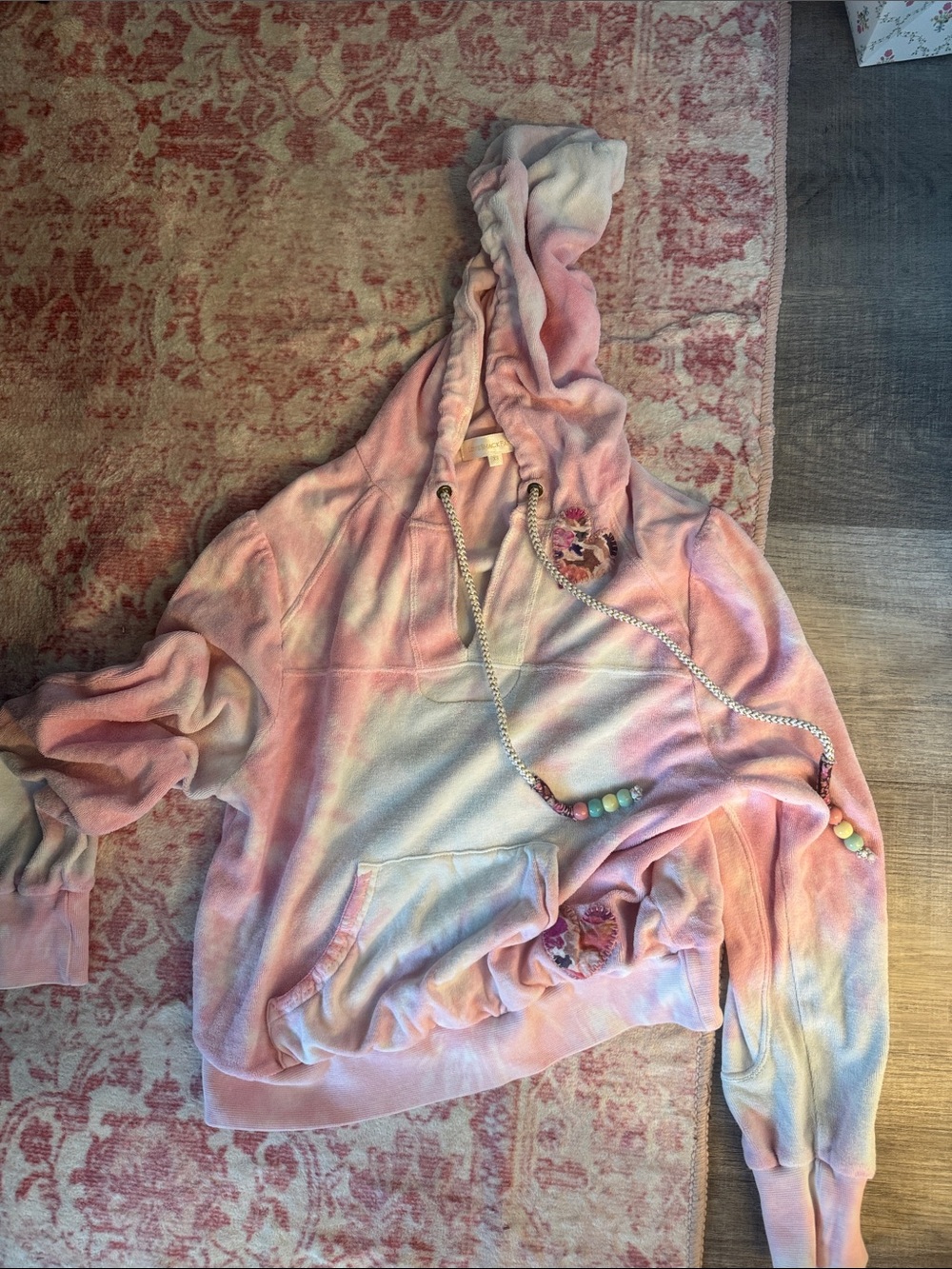 LoveShackFancy Pastel Pink Tie-Dye Hoodie with Beaded Drawstrings